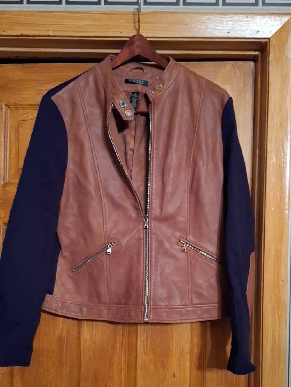 Ralph Lauren Two-Tone Brown Leather Jacket with Navy Sleeves